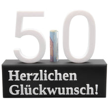 Laden Sie das Bild in den Galerie-Viewer, 50. Geburtstag Geschenk Jubiläum 50 Hochzeit Geschenkidee Zahlenständer Fünfzig